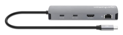 Manhattan USB-C Dock/Hub with Card Reader, Ports (x7): Ethernet, HDMI, USB-A (x3) and USB-C (x2), with Power Delivery (PD) 100W- requires external USB-C charger (not included). USB powered (no external power supply required) when PD is not in use