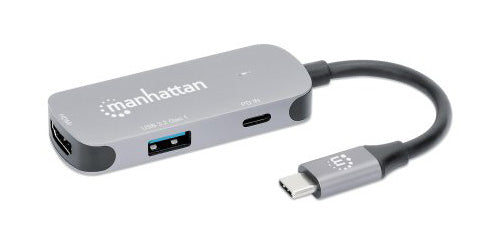 Manhattan USB-C Dock/Hub, Ports (x3): HDMI, USB-A and USB-C, With Power Delivery (100W) to USB-C Port (Note add USB-C wall charger and USB-C cable needed), Universal for all devices, All Ports can be used at the same time, Aluminium, Space Grey, 3 Year Wa