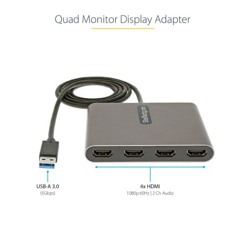 StarTech.com USB 3.0 to Quad HDMI Adapter, USB to 4x HDMI Monitor Converter for Windows (no support for macOS/ChromeOS/Linux) - TAA