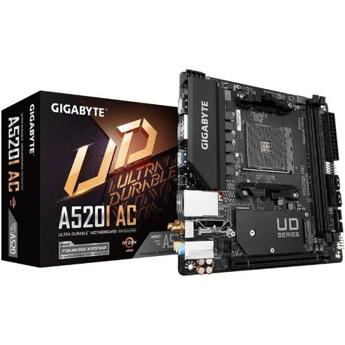 GIGABYTE A520I AC Motherboard - Supports AMD Ryzen 5000 Series AM4 CPUs, 6 Phases Digital VRM, up to 5300MHz DDR4 (OC), 1xPCIe 3.0 M.2, WIFI, GbE LAN, USB 3.2 Gen1