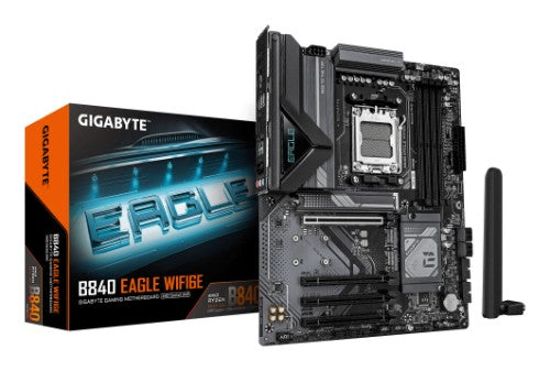 GIGABYTE B840 EAGLE WIFI6E Motherboard - AMD Ryzen 9000 CPUs, 8+2+2 Phases VRM, up to 8200MHz DDR5(O.C), 2xPCIe 4.0 + 1xPCIe 3.0 M.2, Wi-Fi 6E, 2.5GbE LAN, USB 3.2 Gen 2