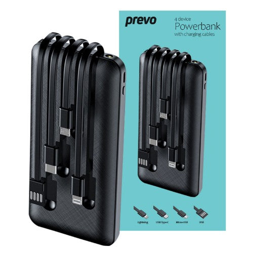 PREVO SP2010 Power Bank 10000mAh Portable Charging for Smart Phones Tablets and Other Devices Charge 4 Devices with Prefitted Lightning USB Type-C Micro-USB & USB Cables LED Torch Black