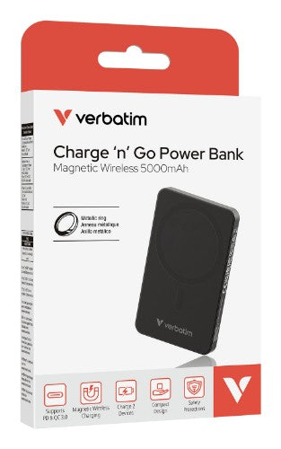 Verbatim Charge 'n' Go Essentials Magnetic Wireless Power Bank 5000 mAh Black