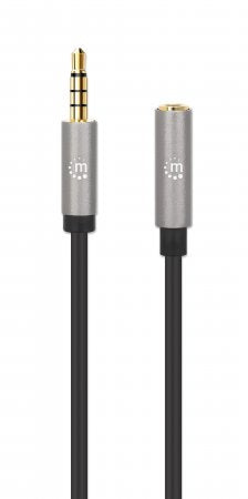 Manhattan Stereo Audio 3.5mm Extension Cable, 1m, Male/Female, Slim Design, Black/Silver, Premium with 24 karat gold plated contacts and pure oxygen-free copper (OFC) wire, Lifetime Warranty