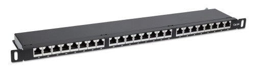 Intellinet Patch Panel, Cat6a, FTP, 24-Port, 19", 0.5U, Shielded, 90° Top-Entry Punch Down Blocks, Black