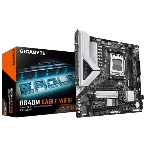 GIGABYTE B840M EAGLE WIFI6 Motherboard - AMD Ryzen 9000 CPUs, 5+2+2 Phases VRM, up to 7600MHz DDR5(O.C), 1xPCIe 4.0 + 1xPCIe 3.0 M.2, Wi-Fi 6, 2.5GbE LAN, USB 3.2 Gen 1