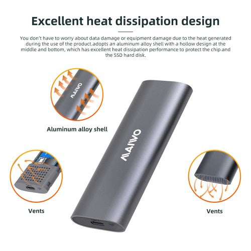 MAIWO M.2 NVME SATA SSD Enclosure Adapter Tool-Free, RTL9210B Chips, USB C 3.1 Gen 2 10Gbps NVME, 6Gbps SATA PCIe M-Key(B+M Key), External Solid State Drive Support UASP Trim for 2242/2260/2280