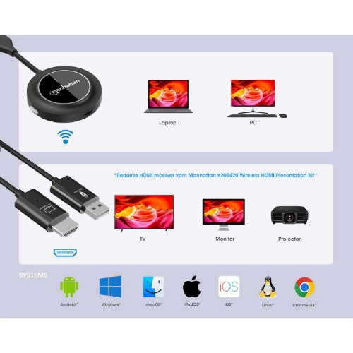 Manhattan 1080p Wireless HDMI Display Adapter with HDMI Transmitter, Dongle Wirelessly Displays a Video Signal from an HDMI Device on an HDMI TV or Projector, Requires Receiver from #208420 Wireless HDMI Presentation Kit, Black