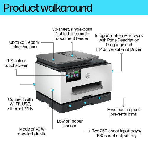 HP OfficeJet Pro 9130b Wireless All-in-One Color Printer, Two-sided printing; Copier, Scanner