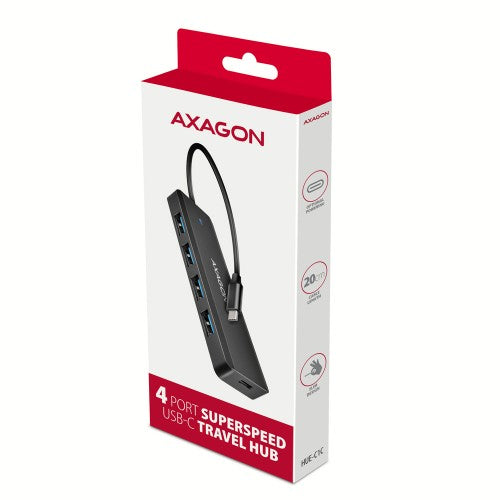 Axagon HUE-C1C 4x USB 5Gbps TRAVEL hub, USB-C power IN, 19cm USB-C cable