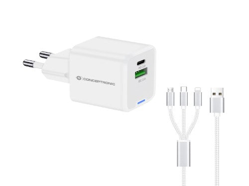 Conceptronic 2-Port 33W GaN USB PD Charger with 3-in-1 Charging Cable, USB-C x 1, USB-A x 1, QC 3.0, PPS