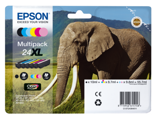 Epson C13T24384011/24XL Ink cartridge multi pack Bk,C,M,Y,LC,LM high-capacity, 6x740 pages 500pg + 5x740 pg, 1x10ml + 3x9ml + 2x10ml Pack=6 for Epson XP 750
