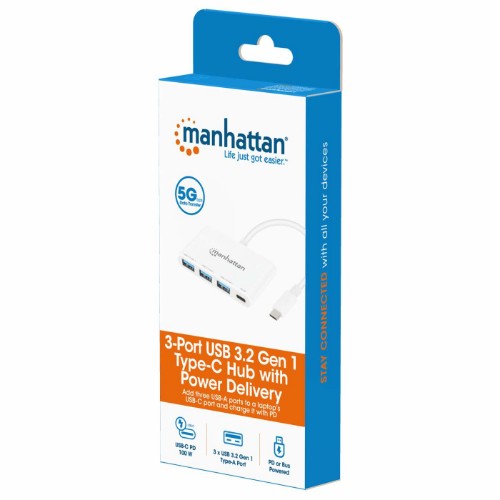 Manhattan USB-C Dock/Hub, Ports (4): USB-A (x3) and USB-C, 5 Gbps (USB 3.2 Gen1 aka USB 3.0), With Power Delivery (100W) to USB-C Port (Note additional USB-C wall charger and USB-C cable needed), Universal for all devices, SuperSpeed USB, White, PD