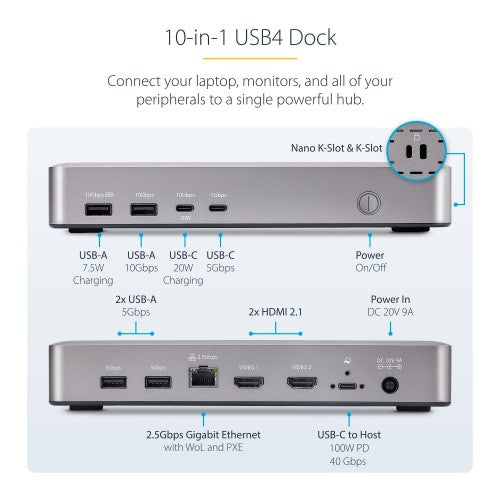 StarTech.com USB4 Docking Station, USB-C 40Gbps, Dual Video HDMI, Up to 2x 4K 60Hz 4:4:4 (RGB) or 2x 4K 120Hz 4:2:2, Multi-Monitor Dock, 6x USB, 2.5GbE, 100W PD