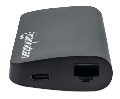 Manhattan USB-C Dock/Hub with Card Reader, Ports (x5): Ethernet, USB-A (3) and USB-C, 5 Gbps (USB 3.2 Gen1 aka USB 3.0), With Power Delivery (100W) to USB-C Port (Note additional USB-C wall charger and USB-C cable needed), Universal for all devices, Alumi