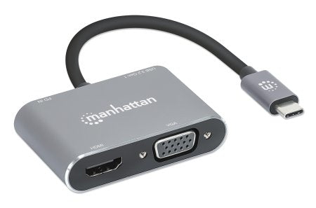 Manhattan USB-C Dock/Hub, Ports (x4): HDMI, USB-A, USB-C and VGA, With Power Delivery (87W) to USB-C Port (Note add USB-C wall charger and USB-C cable needed), All Ports can be used at the same time, Universal for all devices, Aluminium, Space Grey,3 Year