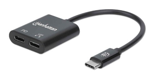 Manhattan USB-C to USB-C Audio Adapter and USB-C (inc Power Delivery), Black, 480 Mbps (USB 2.0), Cable 11cm, With Power Delivery to USB-C Port (60W), Three Year Warranty