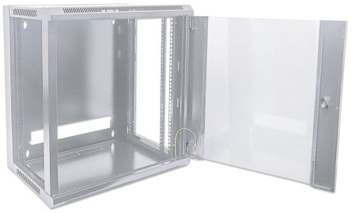 Intellinet 19" Network Cabinet - Wall Mount (Standard), 9U, 600mm Deep, Grey, Flatpack, Max 60kg, Suitable also for use on desk or floor, Usable Depth 410mm, Metal & Glass Door, Back Panel, Removeable Sides, Parts for wall install (eg screws/rawl plugs) n