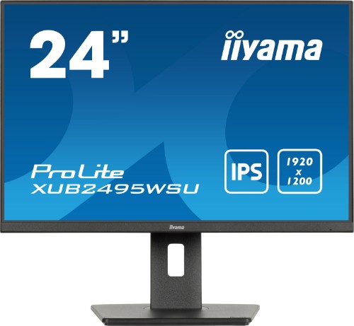 iiyama ProLite 24” 3-side borderless monitor featuring IPS (In-Plane-Switching) panel with a 16:10 aspect ratio and height-adjustable stand