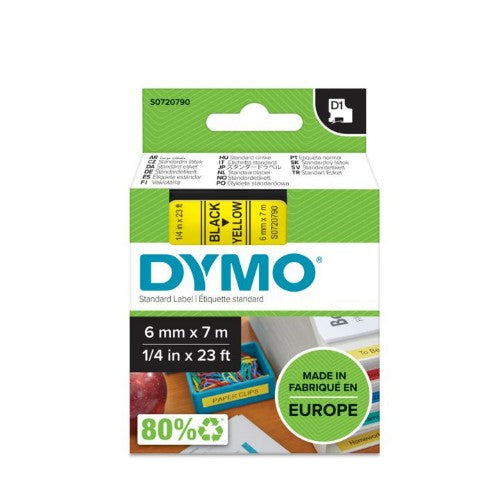 Dymo 43618/S0720790 DirectLabel-etikettes black on yellow 6mm x 7m for Dymo D1 6-12mm/19mm/24mm/400 Duo