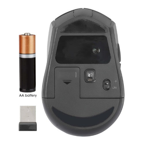 Manhattan MW6020 Wireless Mouse, Black, Adjustable 800/1200/1600dpi via top-mount push-button control, 2.4Ghz (effective range up to 10m), USB, Optical, Ambidextrous, Six Button with Scroll Wheel, USB-A nano receiver, AA battery (included)