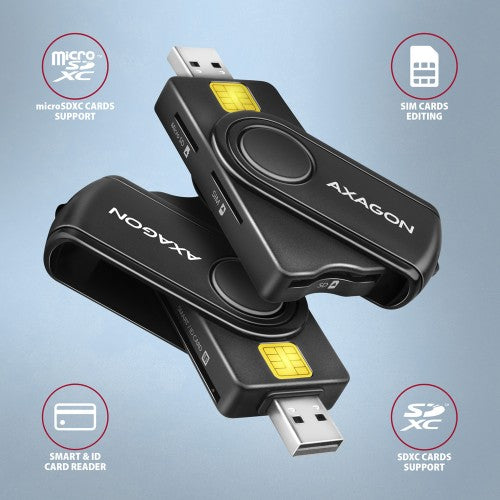 Axagon CRE-SMP2A USB Smart card & SD/microSD/SIM PocketReader smart card reader Indoor USB Type-A/USB Type-C Black