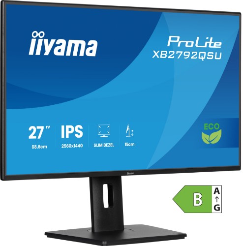 iiyama ProLite 27” IPS QHD panel with 4-side slim bezel, with B energy class and height adjustable stand