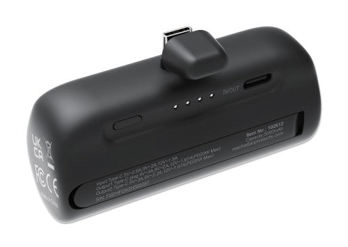 Manhattan Power Bank with integrated USB-C plug, 5000 mAh, Up to 20W output, Kickstand for Use as Charging Phone Holder, Black, One Year Warranty