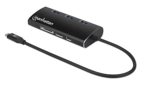 Manhattan USB-C Dock/Hub with Card Reader, Ports (x6): Ethernet, HDMI, USB-A (x3) and USB-C, With Power Delivery (100W) to USB-C Port (Note additional USB-C wall charger and USB-C cable needed), Universal for all devices, Aluminium, Equivalent to DKT30CSD