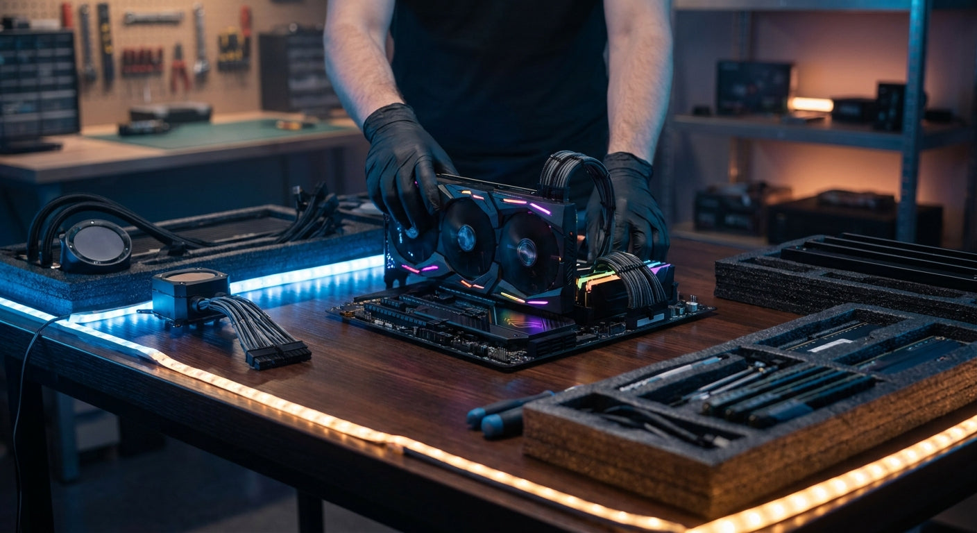 A glowing RGB gaming PC being assembled on a workbench, surrounded by premium components in a moody, dramatically lit workshop setting.