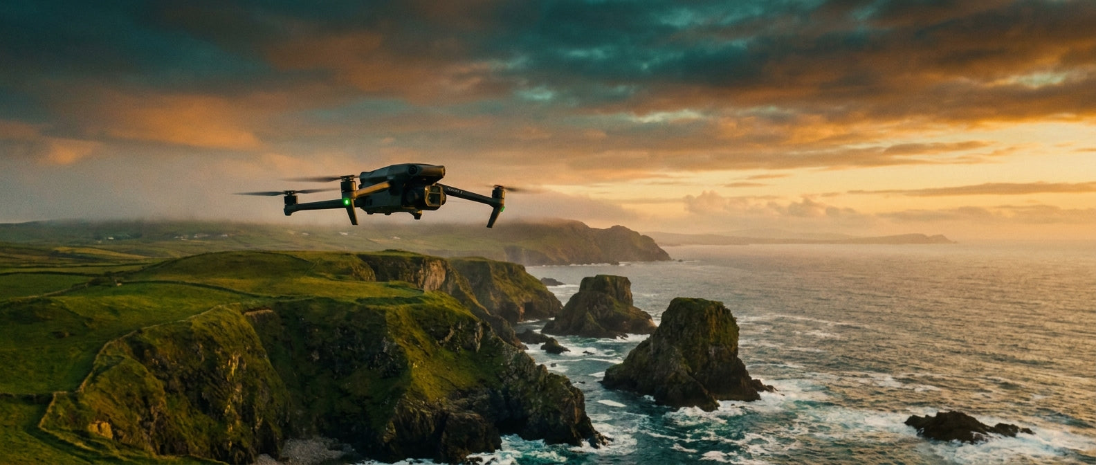 A DJI drone hovering above a dramatic Irish coastal cliff landscape at golden hour with green hills and the Atlantic Ocean in the background.