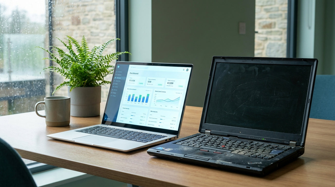 A modern laptop and an older worn laptop placed side by side on a wooden office desk in soft natural light, illustrating the contrast between outdated and upgraded business technology.