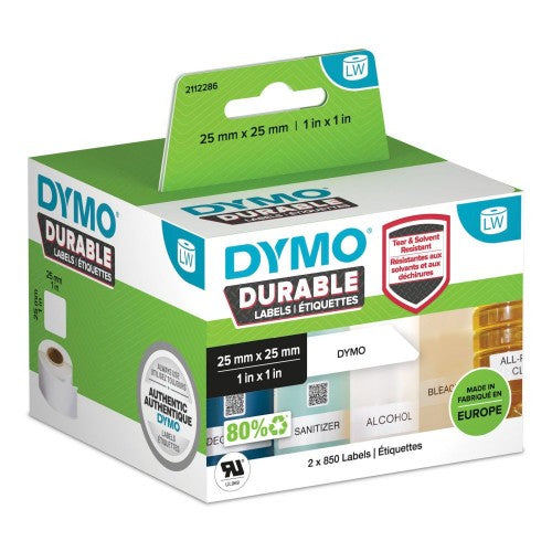 DYMO Authentic LabelWriter Durable Labels | 25mm x 25mm | White Poly | 2 Rolls of 850 (1,700 Self-Adhesive Labels) | High-Performance | For LabelWriter Label Makers