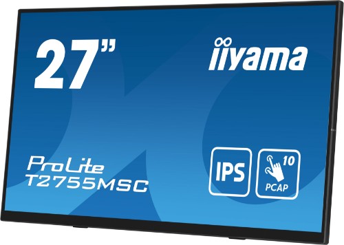iiyama ProLite 27” Optical Bonded PCAP 10pt touchscreen monitor with IPS panel technology, edge-to-edge glass design, anti-fingerprint coating and a flexible stand
