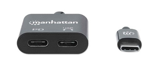 Manhattan USB-C to USB-C Audio Adapter and USB-C (inc Power Delivery), Black, 480 Mbps (USB 2.0), Cable 11cm, With Power Delivery to USB-C Port (60W), Three Year Warranty
