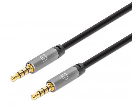 Manhattan Stereo Audio 3.5mm Cable, 1m, Male/Male, Slim Design, Black/Silver, Premium with 24 karat gold plated contacts and pure oxygen-free copper (OFC) wire, Lifetime Warranty, Polybag