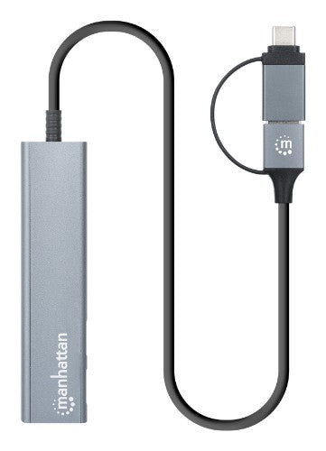 Manhattan USB-C & USB-A Combo Dock/Hub, Ports (4): USB-A (x2) and USB-C (x2), 5 Gbps (USB 3.2 Gen1 aka USB 3.0), USB powered (no external power supply required), Aluminium