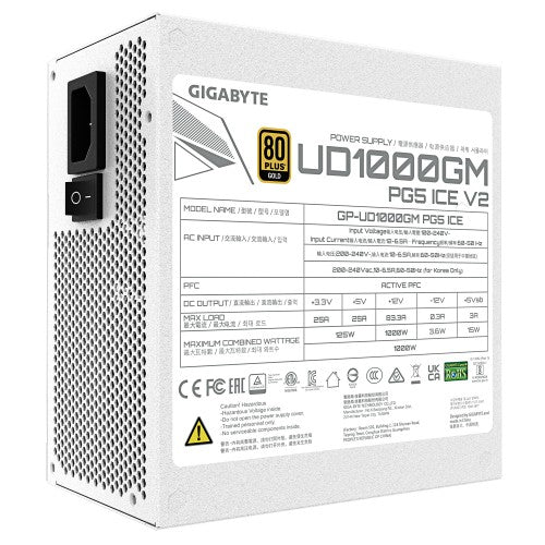 GIGABYTE UD1000GM PG5 V2 ICE Power Supply Unit- PCIe Gen 5.1, 80 PLUS Gold, Fully Modular Design, 120mm Fan, ATX 3.1 compatible, EU Plug