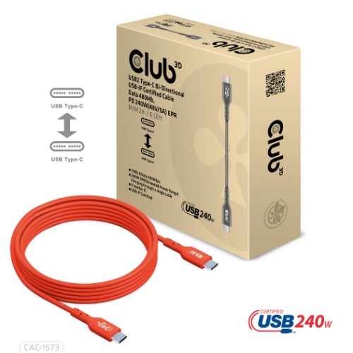 CLUB3D USB2 Type-C Bi-Directional Cable, Data 480Mb,PD 240W(48V/5A) EPR M/M 2m