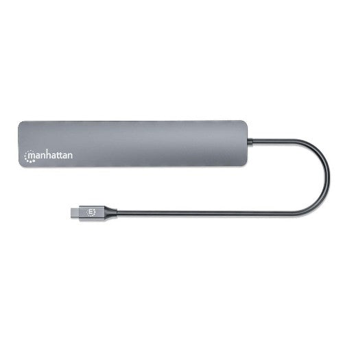 Manhattan USB-C Dock/Hub, Ports (x7): USB-A (x3) and USB-C (x4), with Power Delivery (PD) 100W- requires external USB-C charger (not included). USB powered (no external power supply required) when PD is not in use, Aluminium