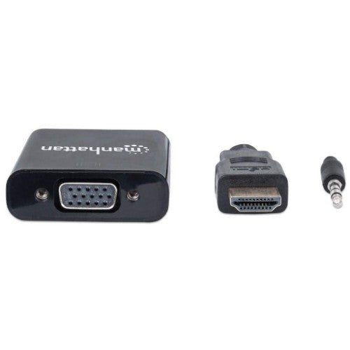 Manhattan HDMI to VGA (with Audio) Converter cable, 1080p, 30cm, Male to Female, Micro-USB Power Input Port for additional power if needed, Black, Three Year Warranty