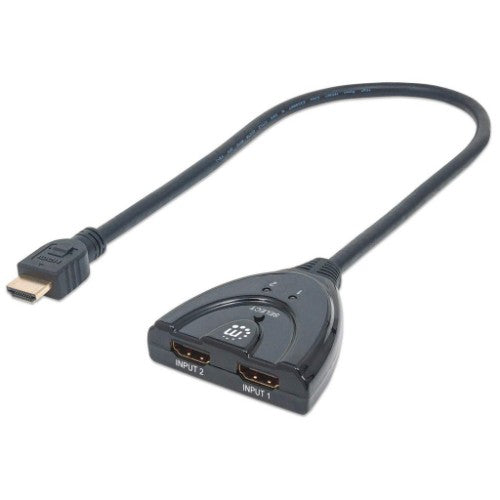 Manhattan HDMI Switch 2-Port, 1080p, Connects x2 HDMI sources to x1 display, Manual Switching (via button), Integrated Cable (50cm), No external power required, Black, Three Year Warranty