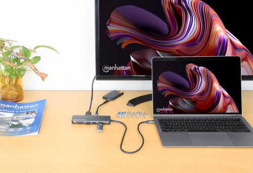 Manhattan USB-C Dock/Hub with Card Reader, Ports (x7): Ethernet, HDMI, USB-A (x3) and USB-C (x2), with Power Delivery (PD) 100W- requires external USB-C charger (not included). USB powered (no external power supply required) when PD is not in use