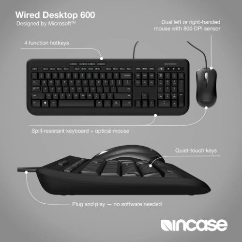 Incase Designed by Microsoft Wired Desktop 600 keyboard Mouse included Universal USB QWERTY UK English Black