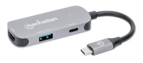 Manhattan USB-C Dock/Hub, Ports (x3): HDMI, USB-A and USB-C, With Power Delivery (100W) to USB-C Port (Note additional USB-C wall charger and USB-C cable needed), HDMI: 4k@60Hz, USB-A: 5 Gbps USB 3.2 Gen1 aka USB 3.0, Universal for all devices, Cable 11cm