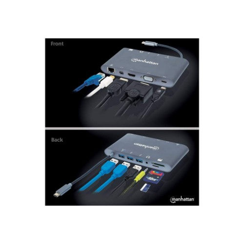 Manhattan USB-C Dock/Hub with Card Reader, Ports (x8): USB-C to HDMI, Audio 3.5mm, Ethernet, Mini DisplayPort, USB-A (x3) and USB-C, With Power Delivery (60W) to USB-C Port (Note add USB-C wall charger and USB-C cable needed), All Ports can be used at the