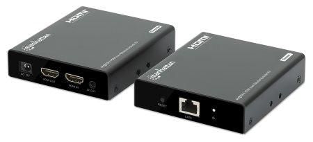 Manhattan 4K HDMI over Ethernet Extender Kit, Extends 4K@60Hz signal up to 70m with a single Cat6 Ethernet Cable, Transmitter and Receiver, Power over Cable (PoC), Black, Three Year Warranty