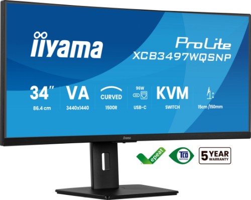 iiyama ProLite 34’’ UWQHD curved monitor with USB-C dock, LAN, KVM switch and 15cm height adjustable stand