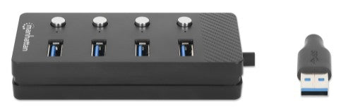 Manhattan USB-C Dock/Hub, Ports (x4) with on/off switch for each port: USB-A (x4), 5 Gbps (USB 3.2 Gen1 aka USB 3.0), Universal for all devices, Bus or AC powered (optional jack, not included), Cable 1.5m, SuperSpeed USB, Black, Three Year Warranty