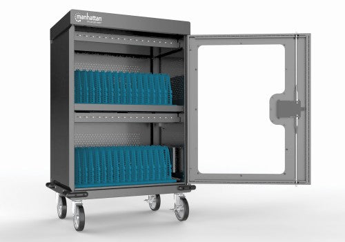Manhattan iPad to 13", MacBook Air to 15" & Chromebook 15.6" 32-bay Charging Trolley/Cart via USB-C, Also other tablets/smartphones (with device to USB-C cable), Bays 404x27.6x283mm,Device charging cables not included (suggest USB-C cable 356213),Cabinet